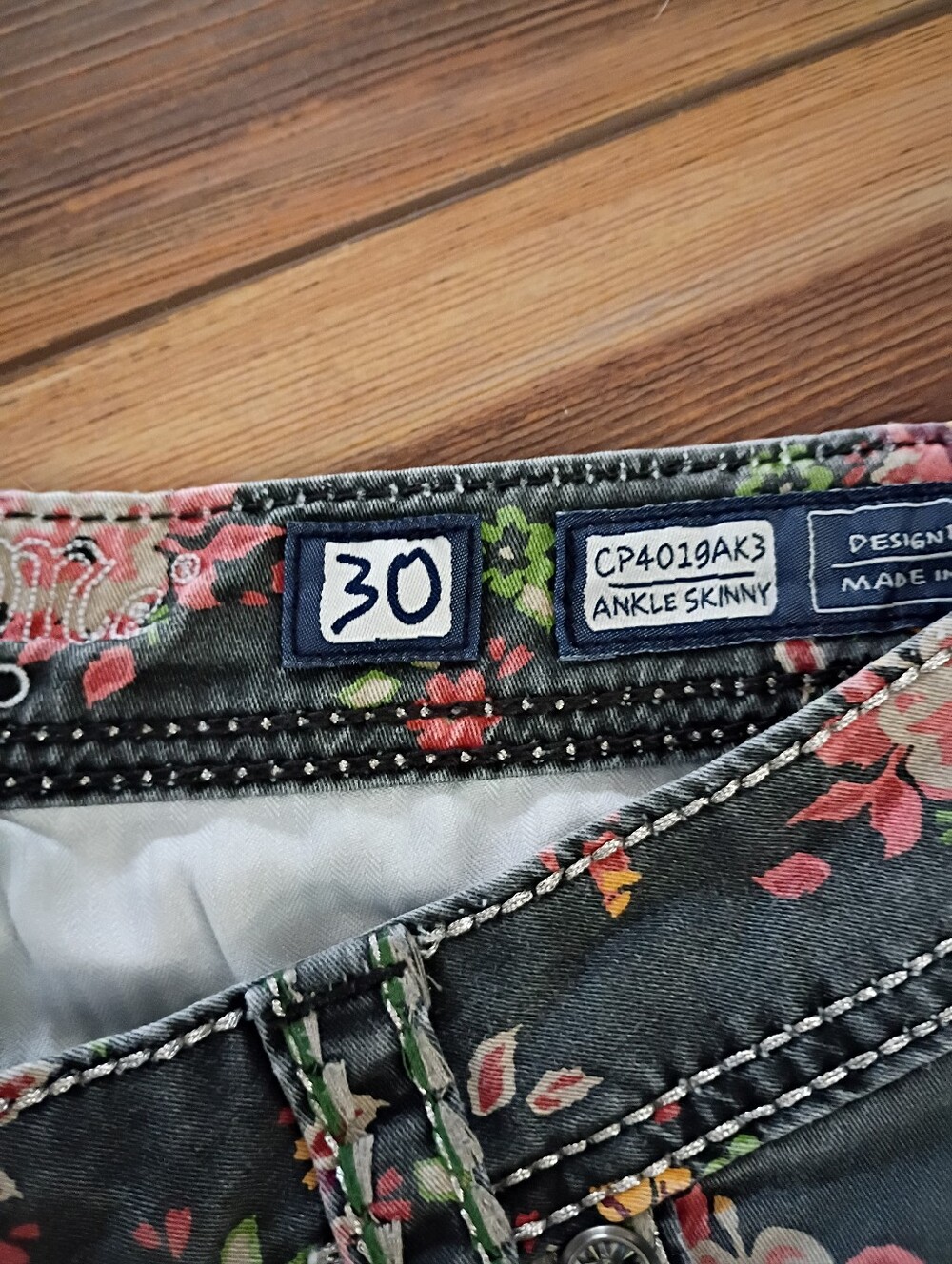 Miss Me Green Skinny Jeans with Pink Floral Print - Picture 3 of 7